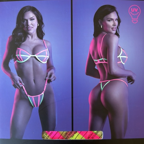Brand New GLOW Head Rush UV Reactive Contrast Binding Bra and G-string Panty - Picture 5 of 13